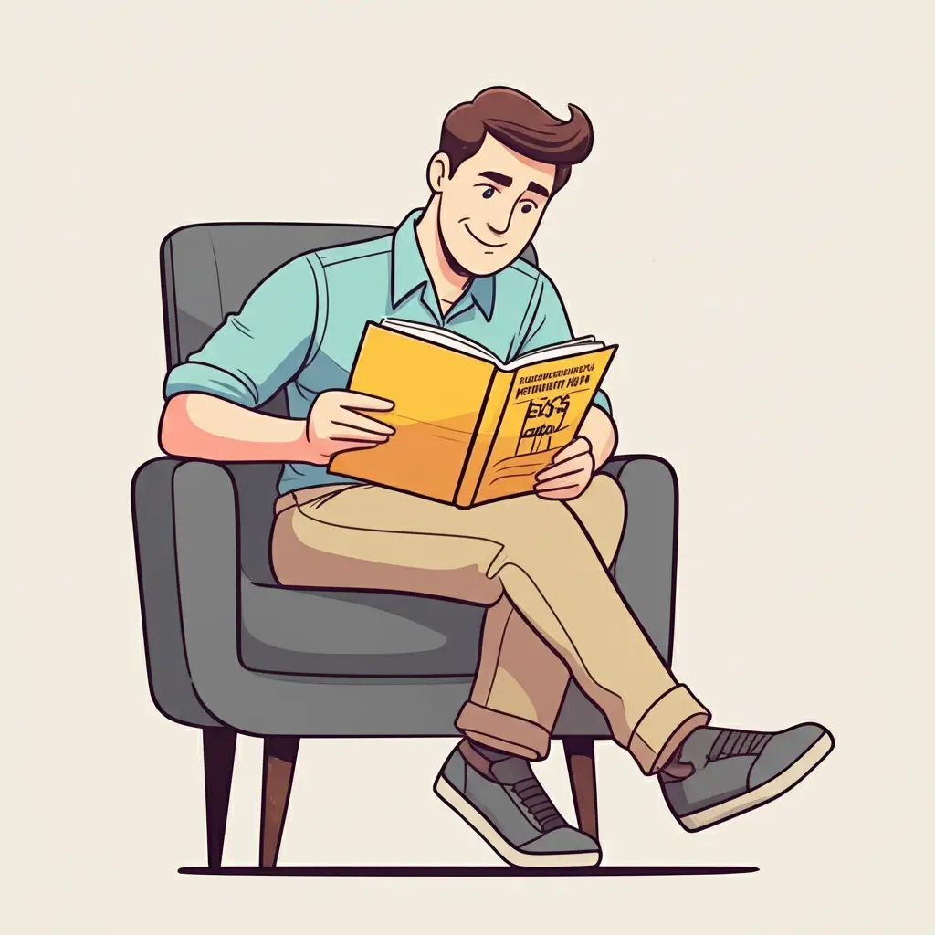 A hand-drawn image of a homeowner reading a guidebook on permits