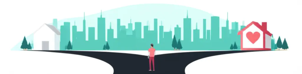 Illustration of a person at a crossroads, with paths to career and love