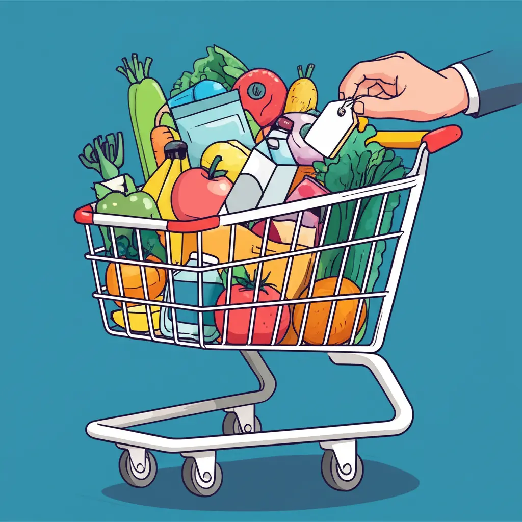 Grocery cart with products and adjusting price tag