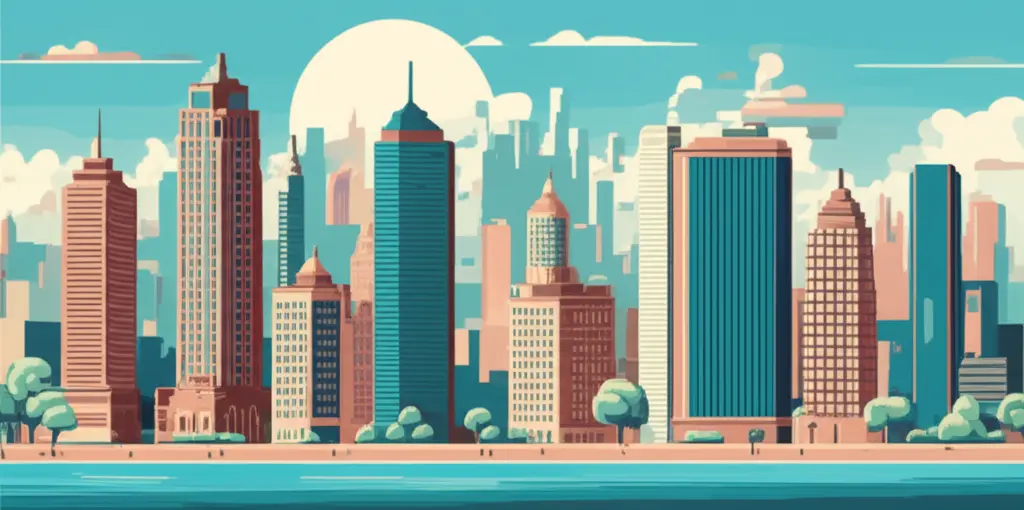 A cartoon-style depiction of a bustling city skyline with a financial district