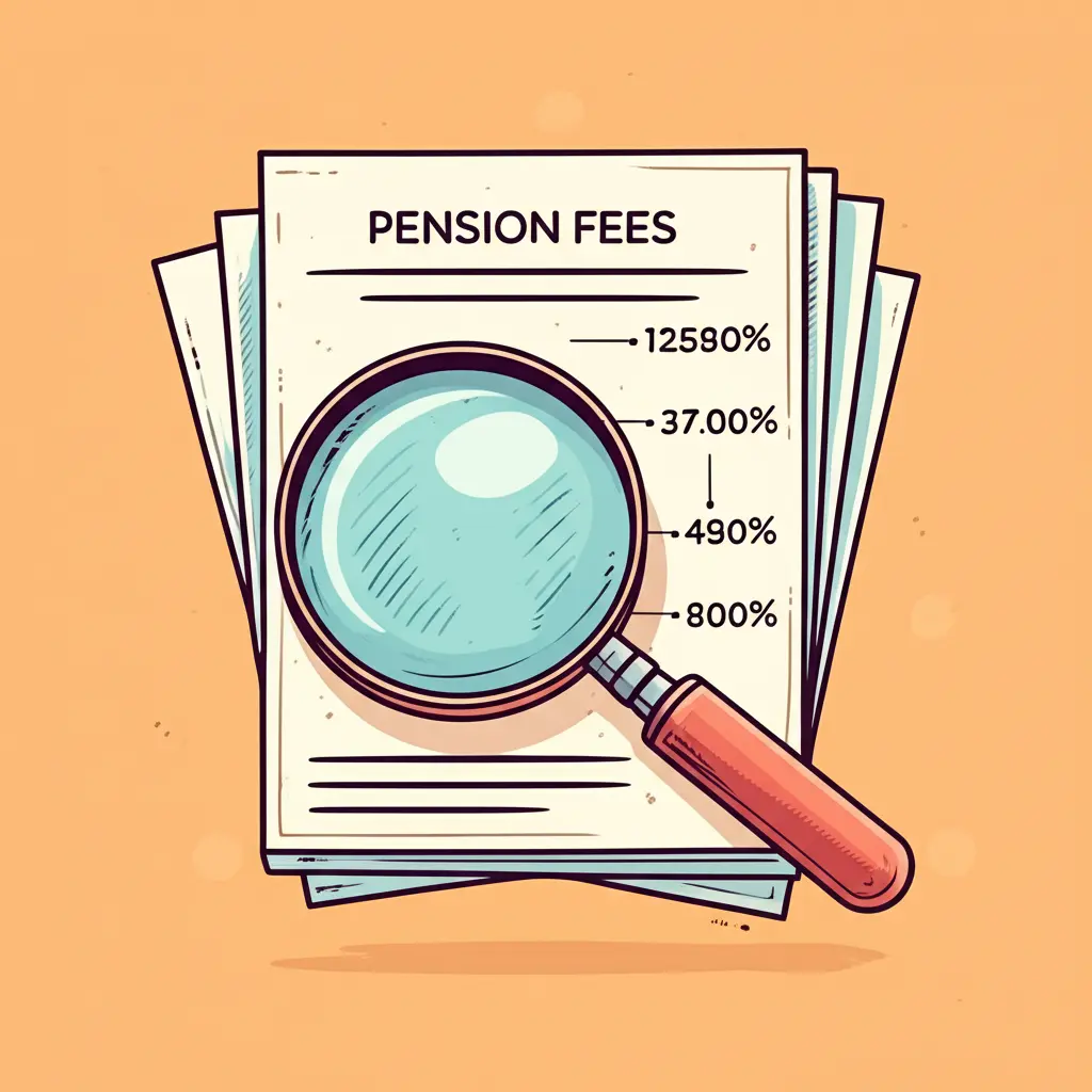 A magnifying glass highlighting pension fees on documents.