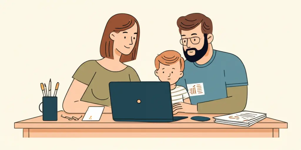 Canadian family planning their finances at a kitchen table, with charts and a laptop visible.