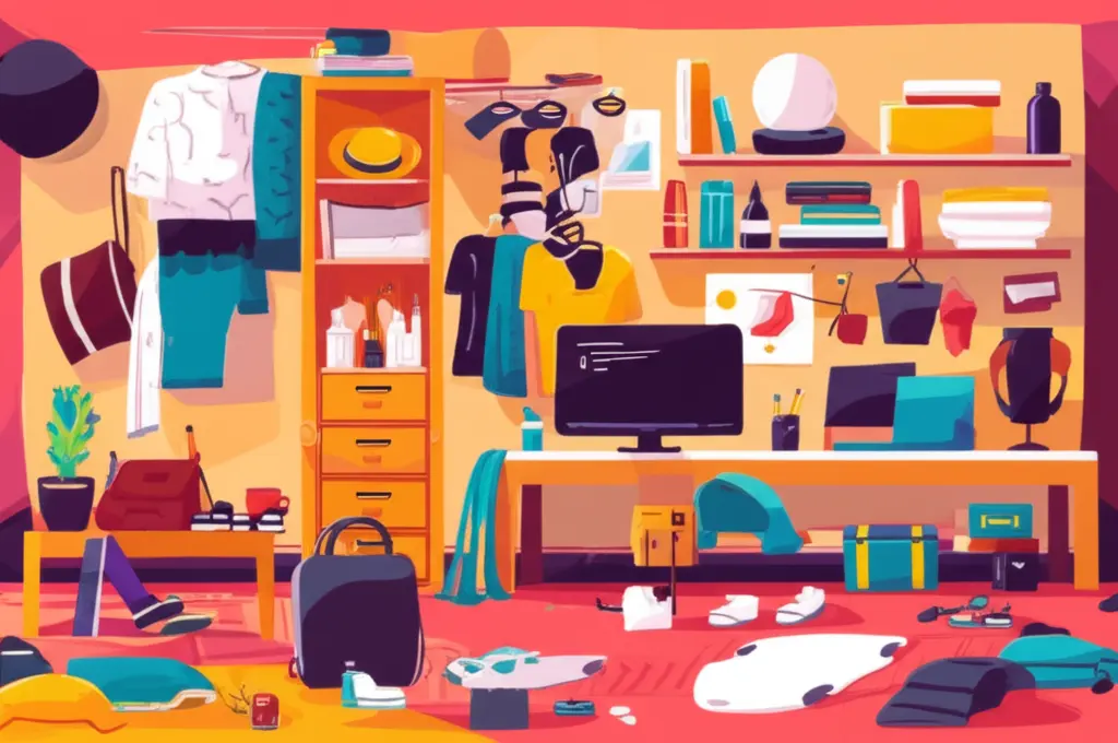 A cluttered room with clothes, books, and miscellaneous objects scattered around in cartoon-style.
