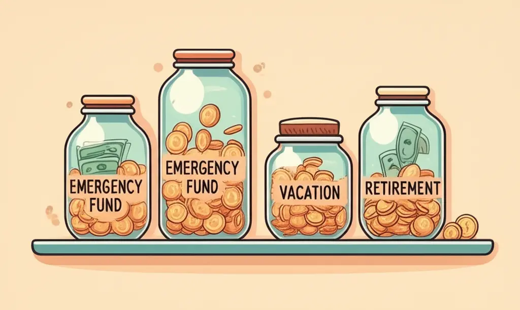 Savings jars labeled for different goals.