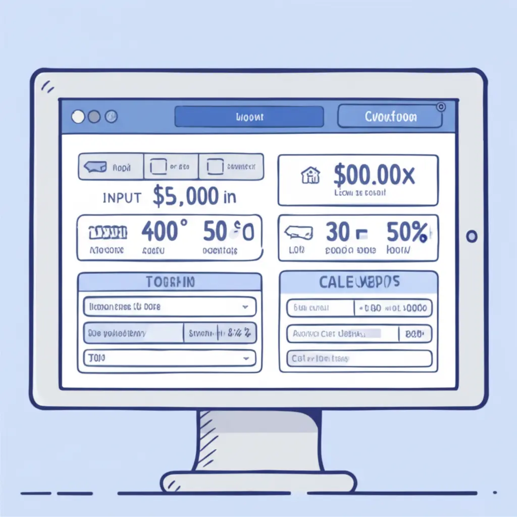 Cartoon-style hand-drawn image of a computer screen showing a mortgage calculator with diverse financial options.