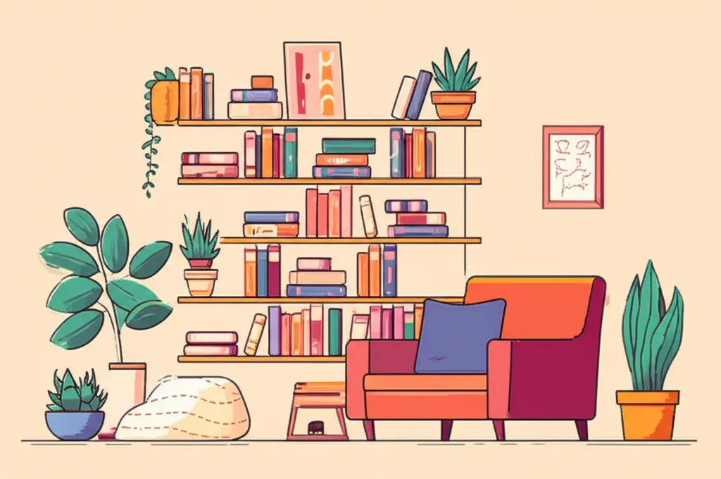 Illustration of a cozy single person's living room with books, plants, and comfy furniture.