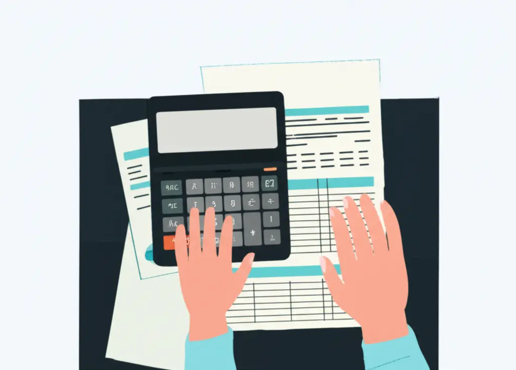 A cartoon-style illustration of someone calculating their finances with a calculator and spreadsheet.