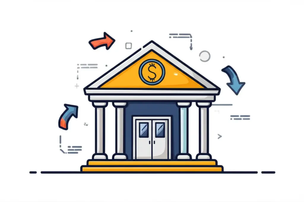 Cartoon depiction of a bank building with arrows indicating digital transactions