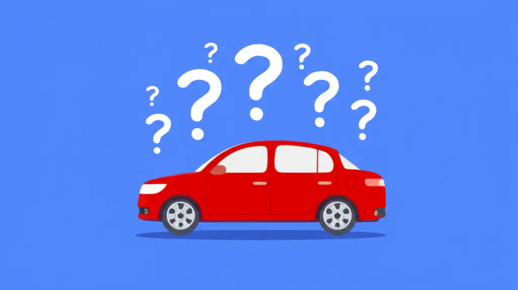 A car surrounded by question marks symbolizing insurance confusion.