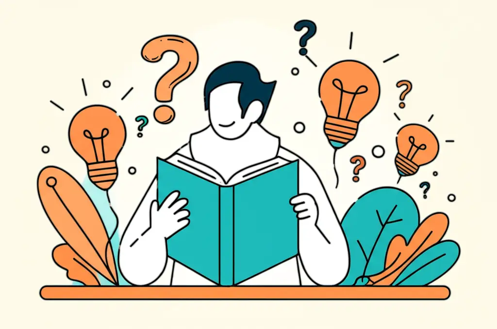 A person reading a book with question marks and light bulbs around, suggesting learning and curiosity.