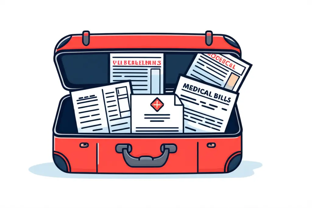 Traveler's luggage with documents and bills