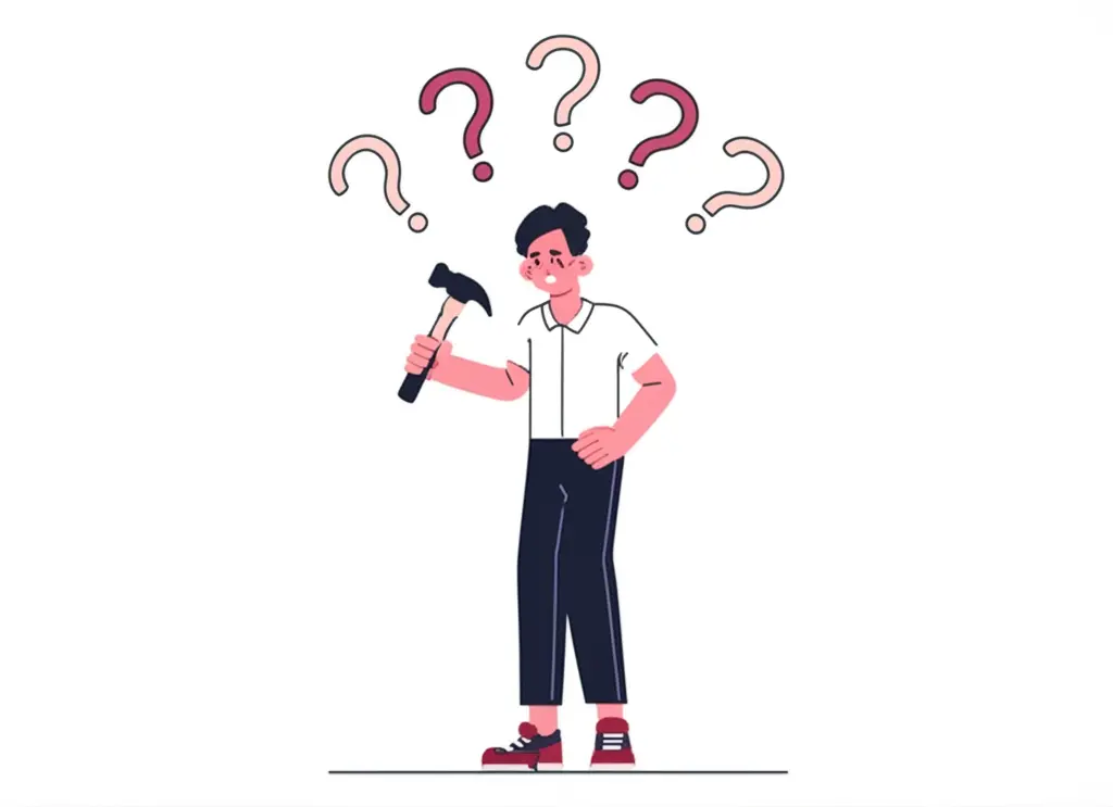 A confused person holding a hammer with question marks above their head