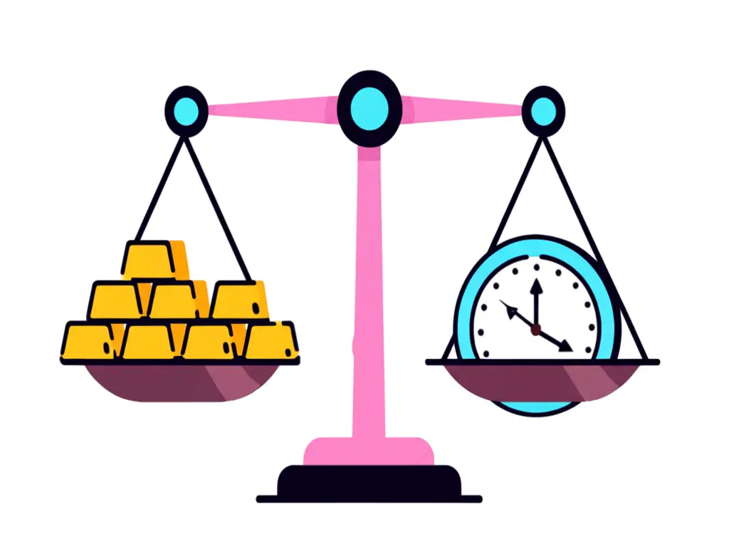 Illustration of a scale balancing gold bars and a clock representing work-life balance in investment banking