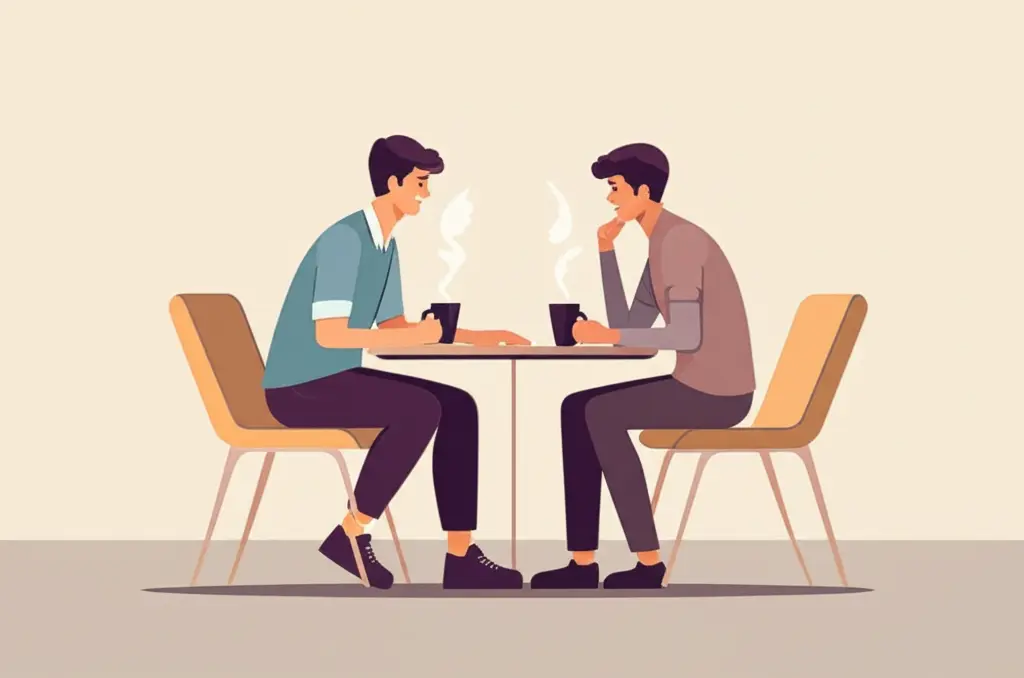 Cartoon-style drawing of two friends engaging in deep conversation over coffee.