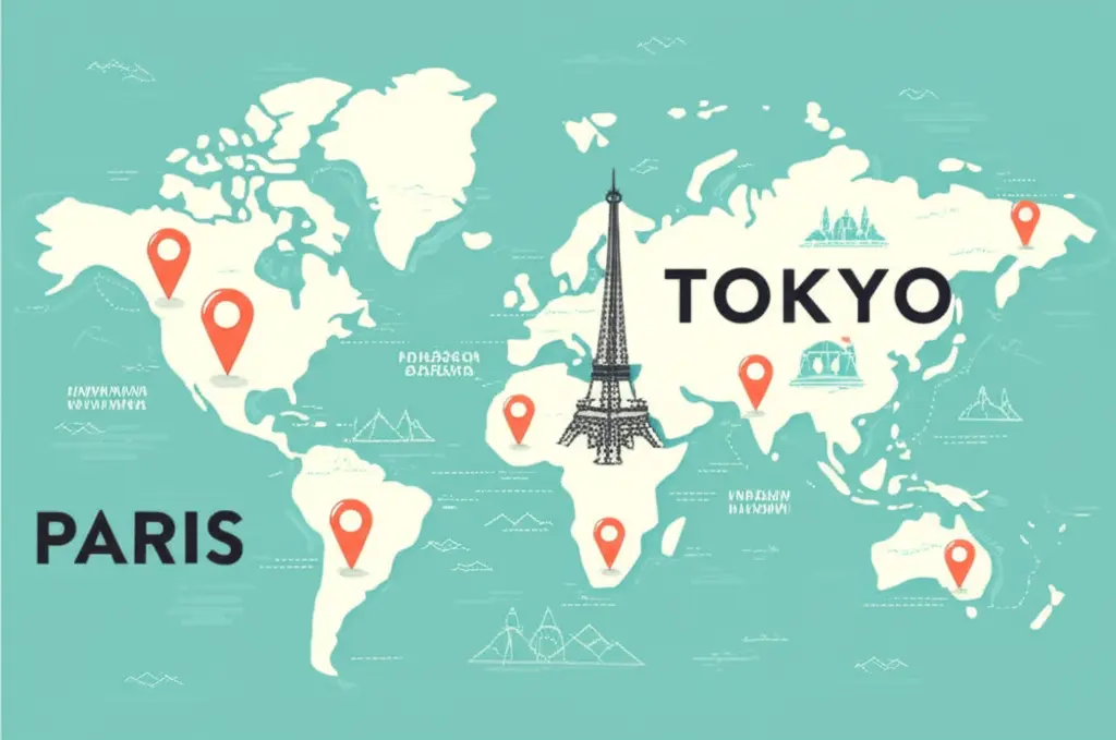 A hand-drawn map with iconic travel destinations marked.