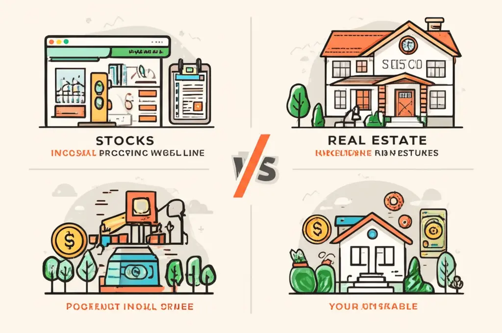 Diagram showing pros and cons of stocks and real estate