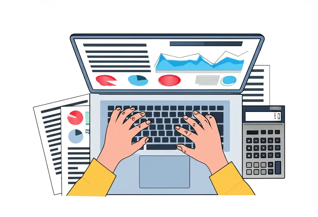 Person happily using a laptop surrounded by mortgage paperwork.