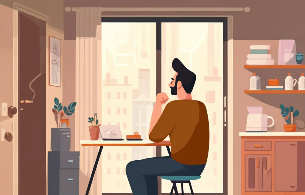 A cartoon-style image of a single middle-aged man in an urban apartment, contemplating what's next