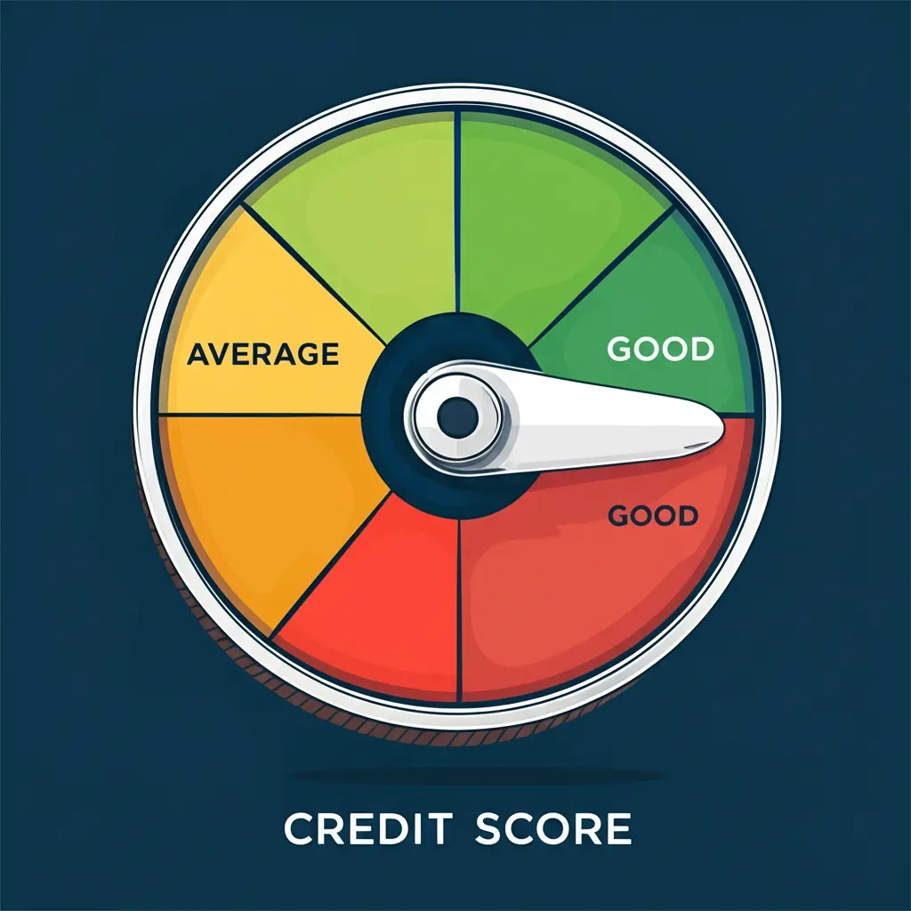 A hand-drawn image of a credit score meter showing 'average' to 'good' range.