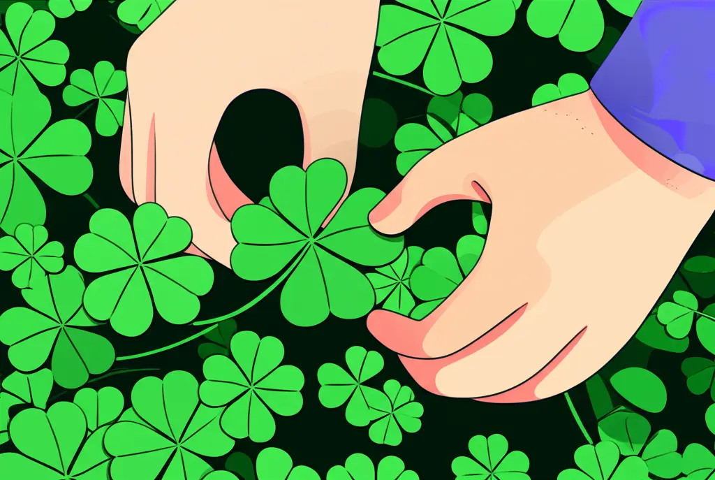 Person finding a four-leaf clover in a field of regular clovers