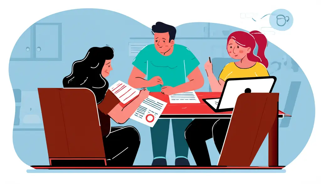 A young couple discussing health insurance options at a table with papers and a laptop