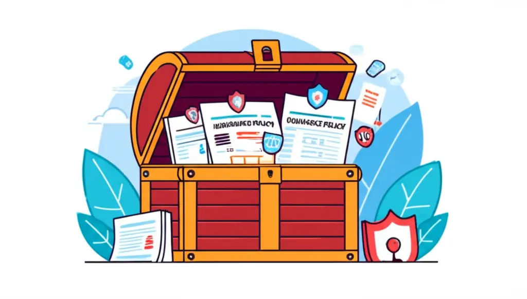 An animated treasure chest filled with various insurance policy types.