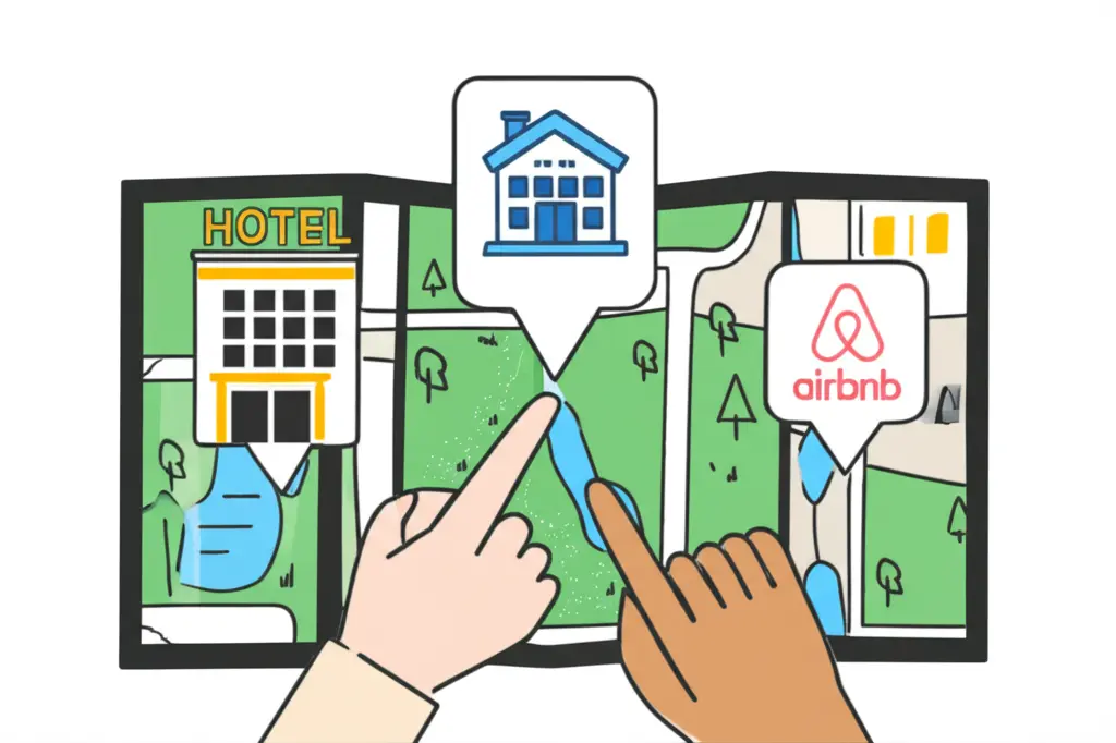 Person choosing between a hotel and Airbnb using a map