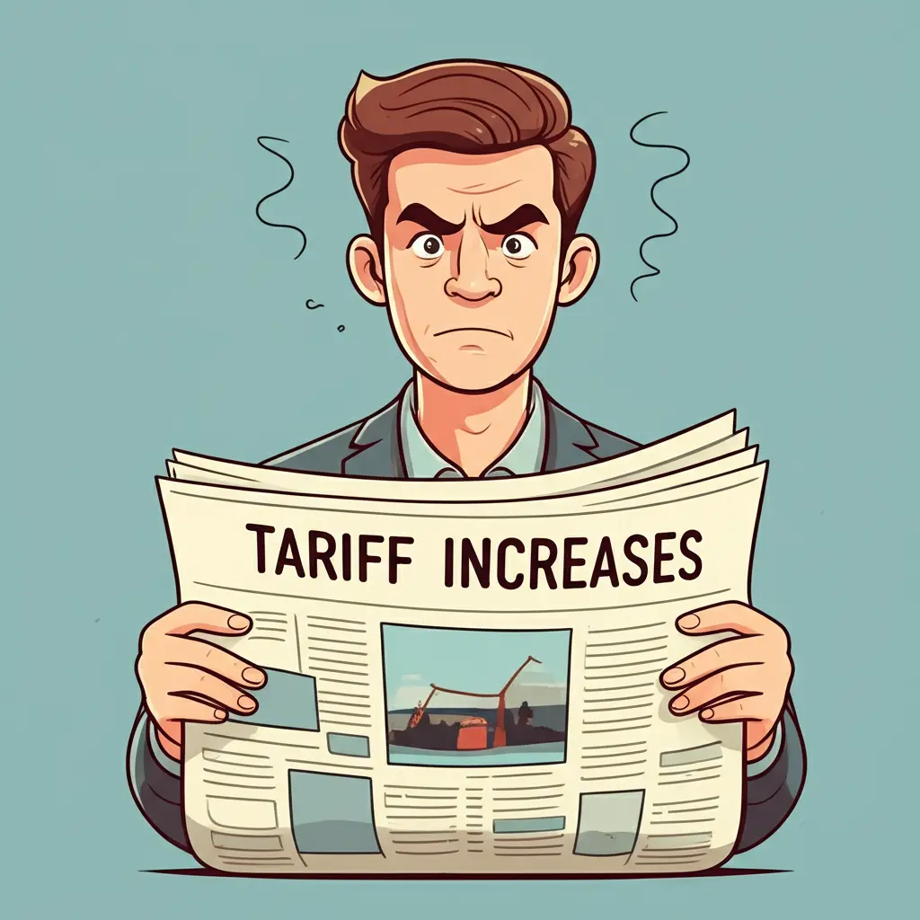 Hand-drawn image of a confused consumer reading a newspaper headlined 'Tariff Increases'.