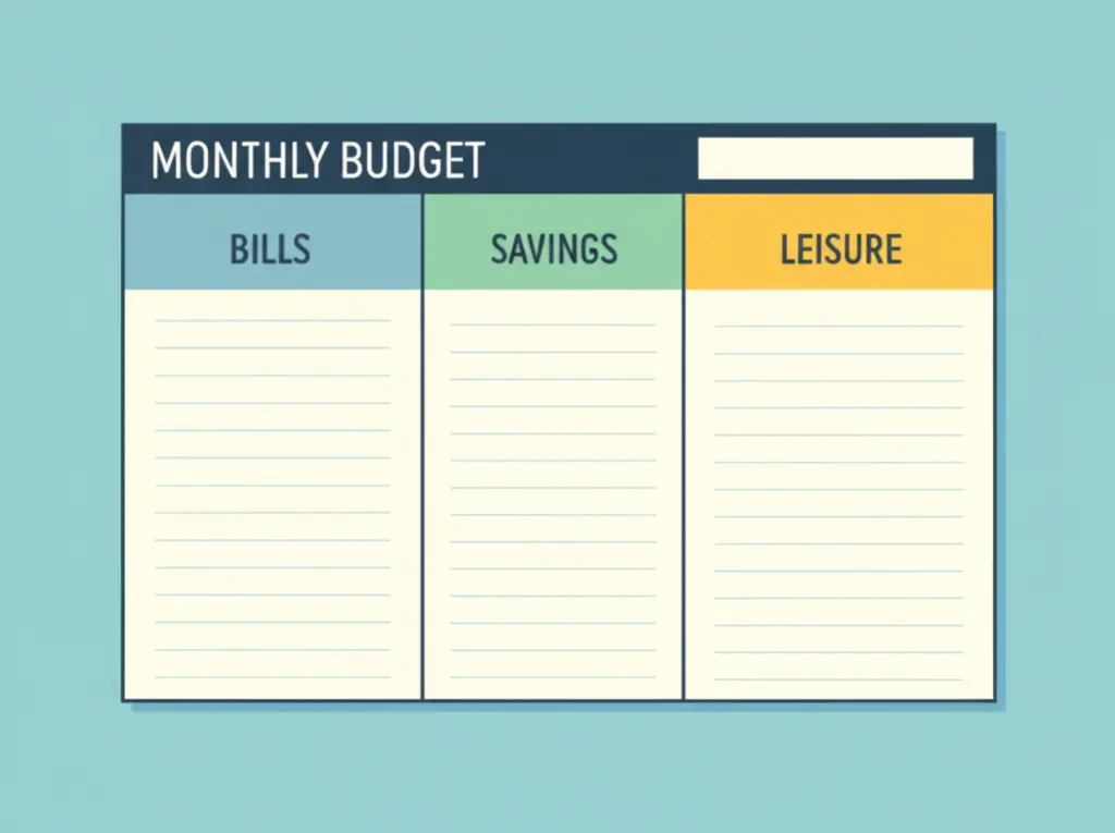 A cartoon of a monthly budget planner with sections for bills, savings, and leisure.