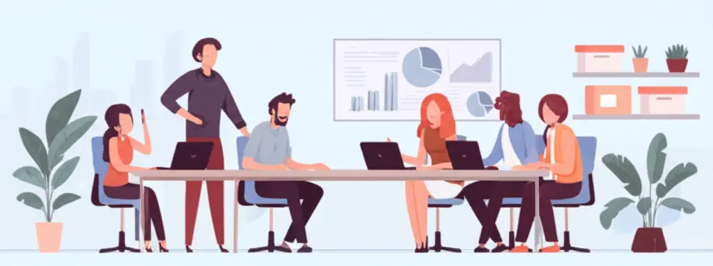 Cartoon-style image of an office with people collaborating at a table