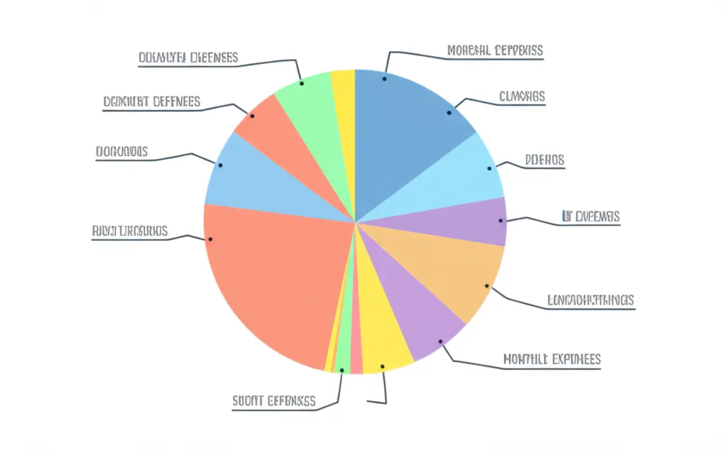A cartoon-style pie chart illustrating a balanced distribution of monthly expenses.