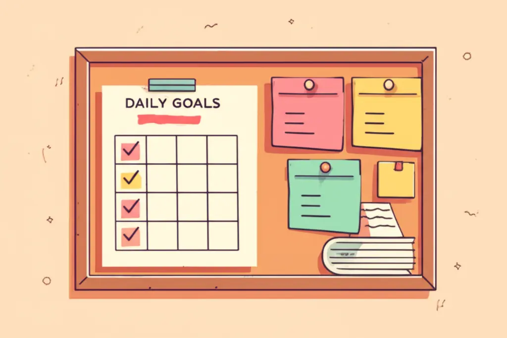 A minimalist cartoon of a bulletin board with colorful sticky notes of daily goals.