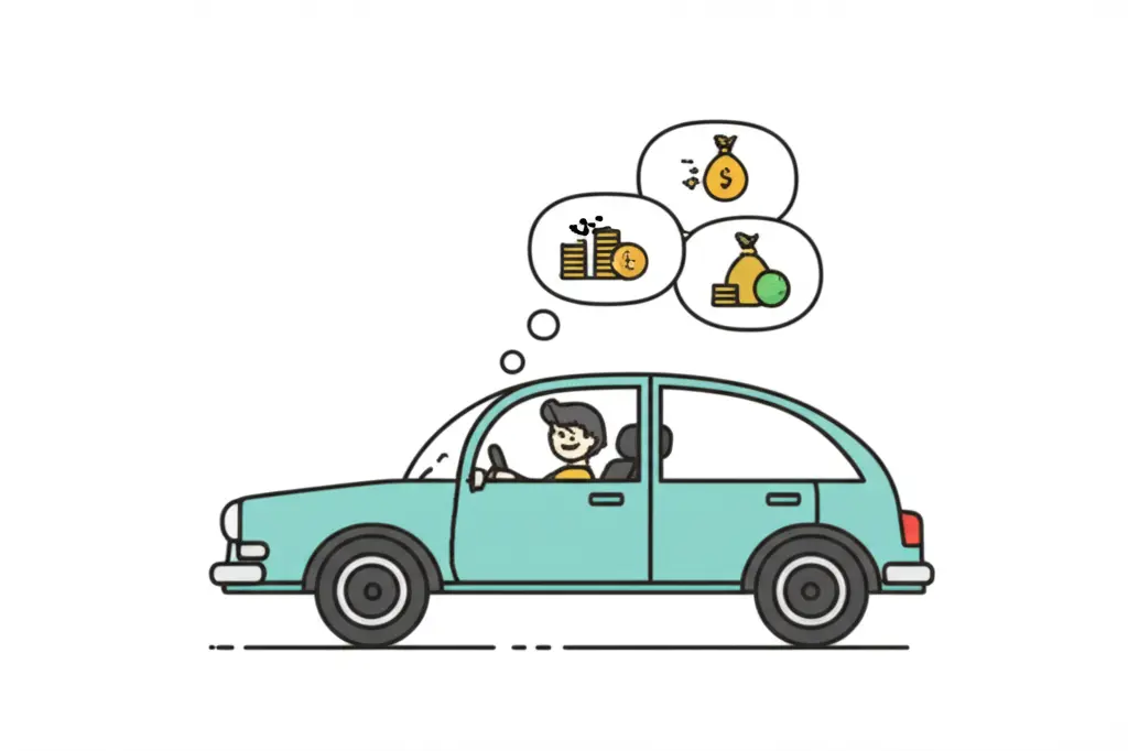 Person happily driving an old car with thought bubbles about saving money