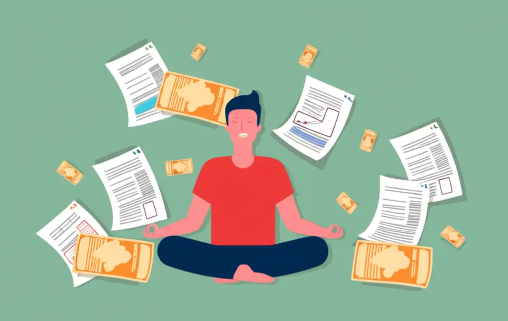 Person meditating with bills around
