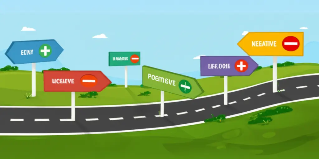 A diagram of a career path with positive and negative signposts.