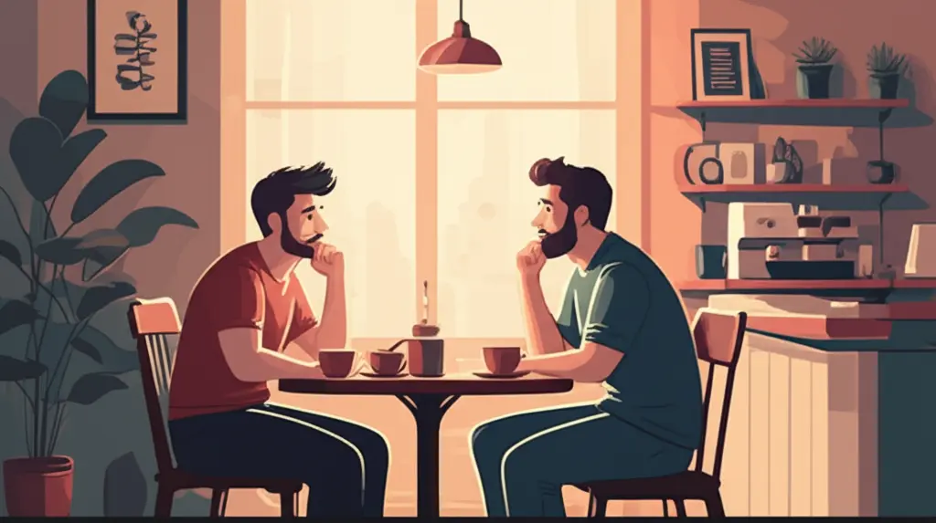 Two people having a thoughtful conversation over coffee.