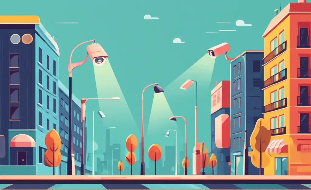 a cityscape with security features like CCTV cameras and street lights