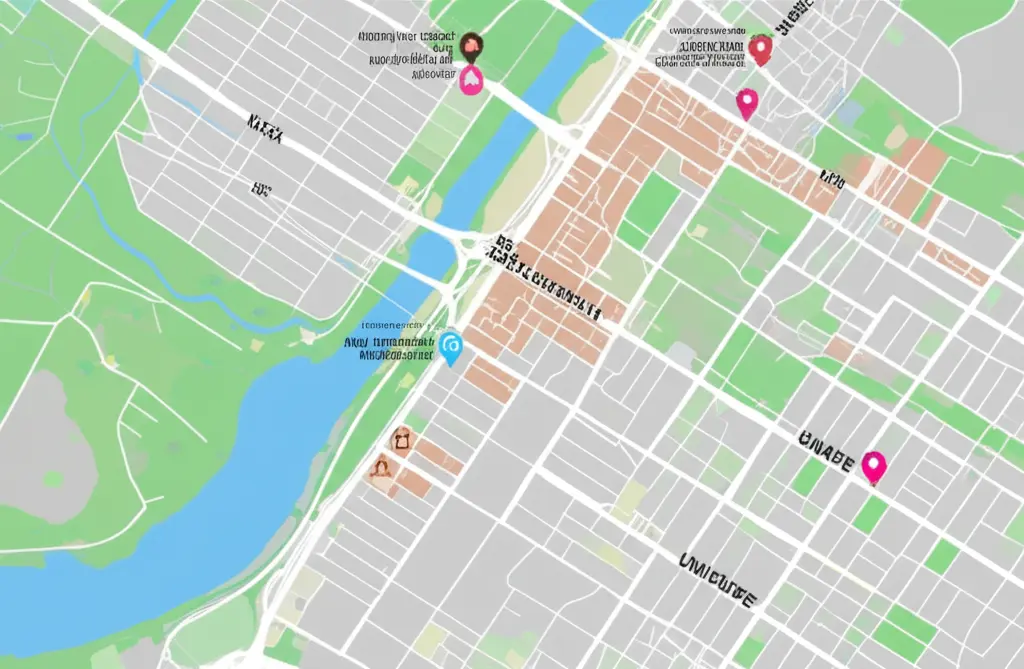 A street map with marked safe and unsafe areas.