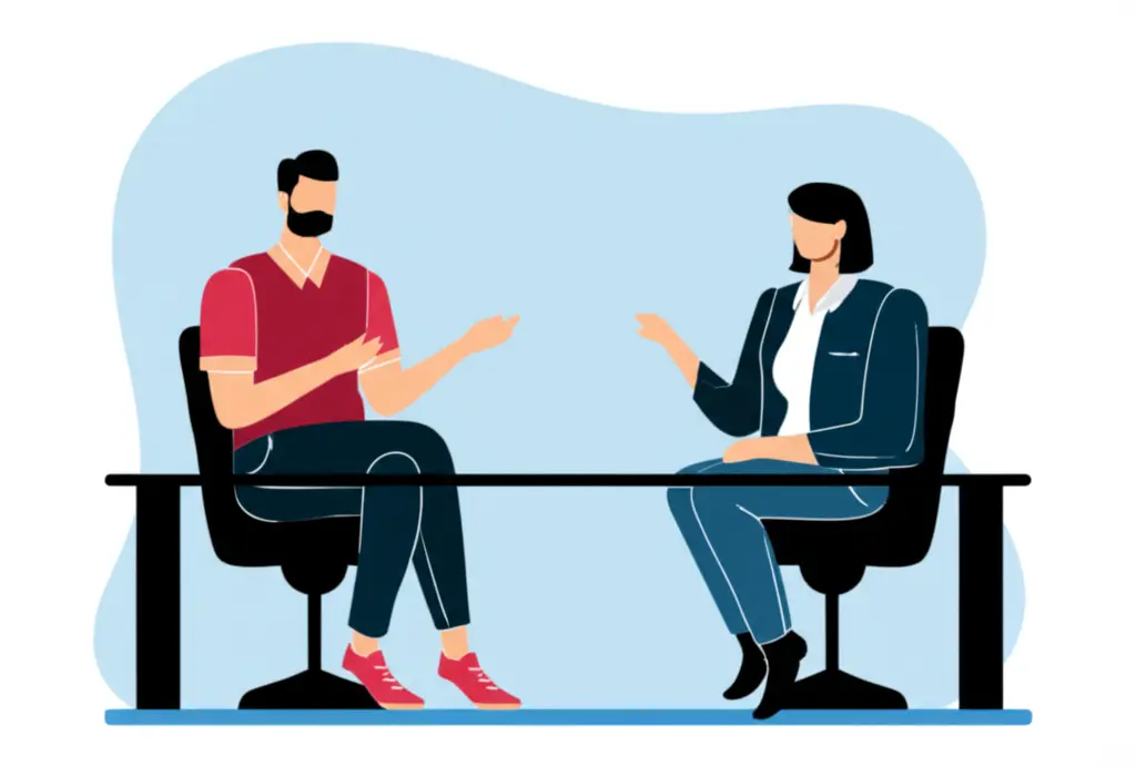 A hand-drawn image of a job interview scene with two people in conversation