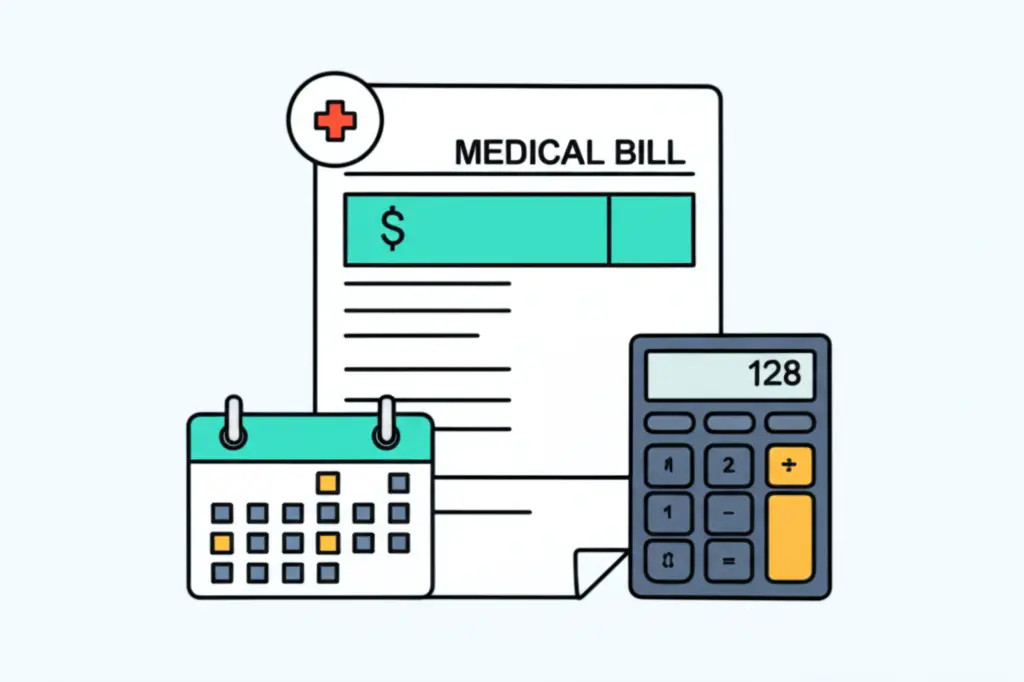 An illustration of a medical bill next to a calendar and calculator