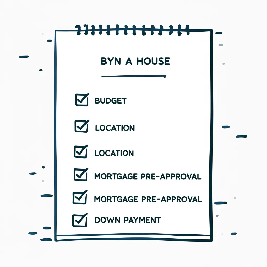 Checklist with home buying essentials like budget and mortgage pre-approval.