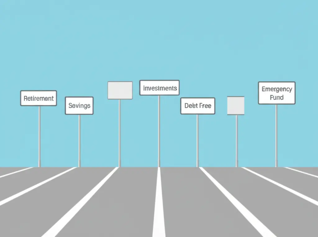 A road with multiple signposts showing different financial goals