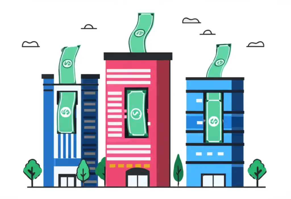 A cartoon-style image of three popular companies paying dividends, symbolized by money coming out of buildings.
