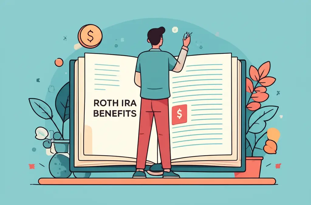 An illustration of a person opening a book titled 'Roth IRA Benefits'.