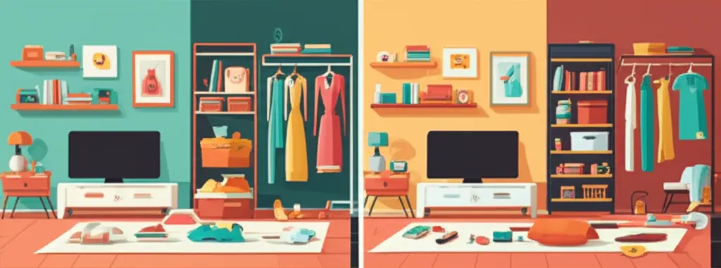 Before and after of a cluttered room versus an organized room
