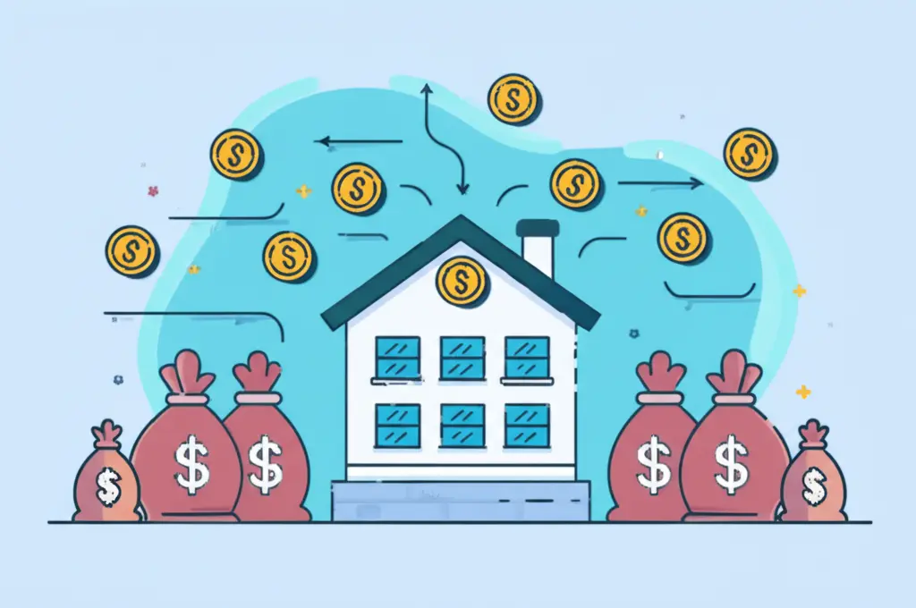 Illustration of a house with bags of money and arrows indicating different financial pathways.