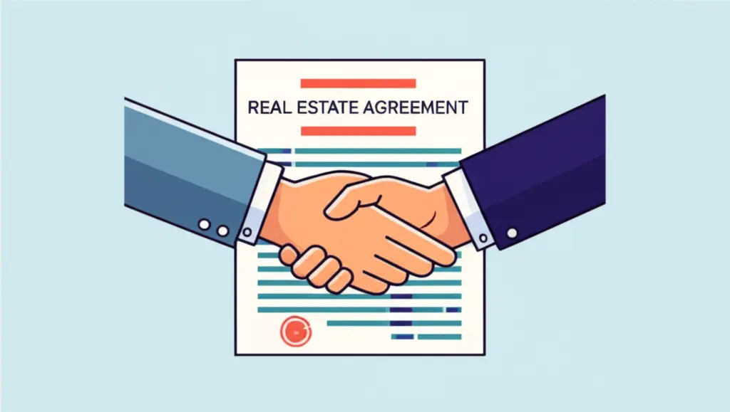 A cartoon-style handshake over a contract labeled 'Real Estate Agreement'.