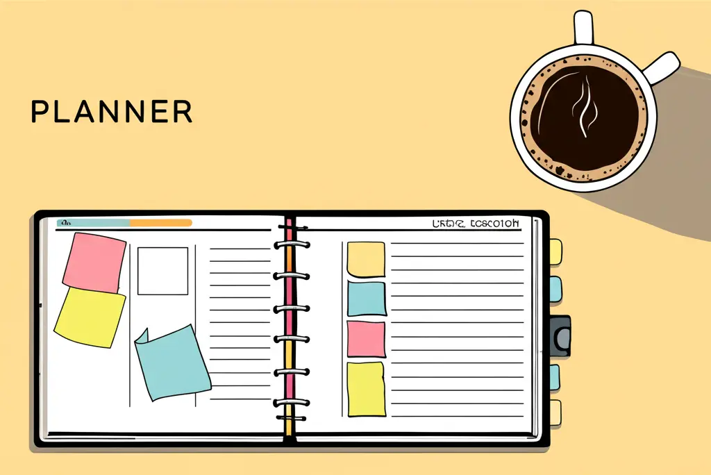 A planner with sticky notes and a cup of coffee