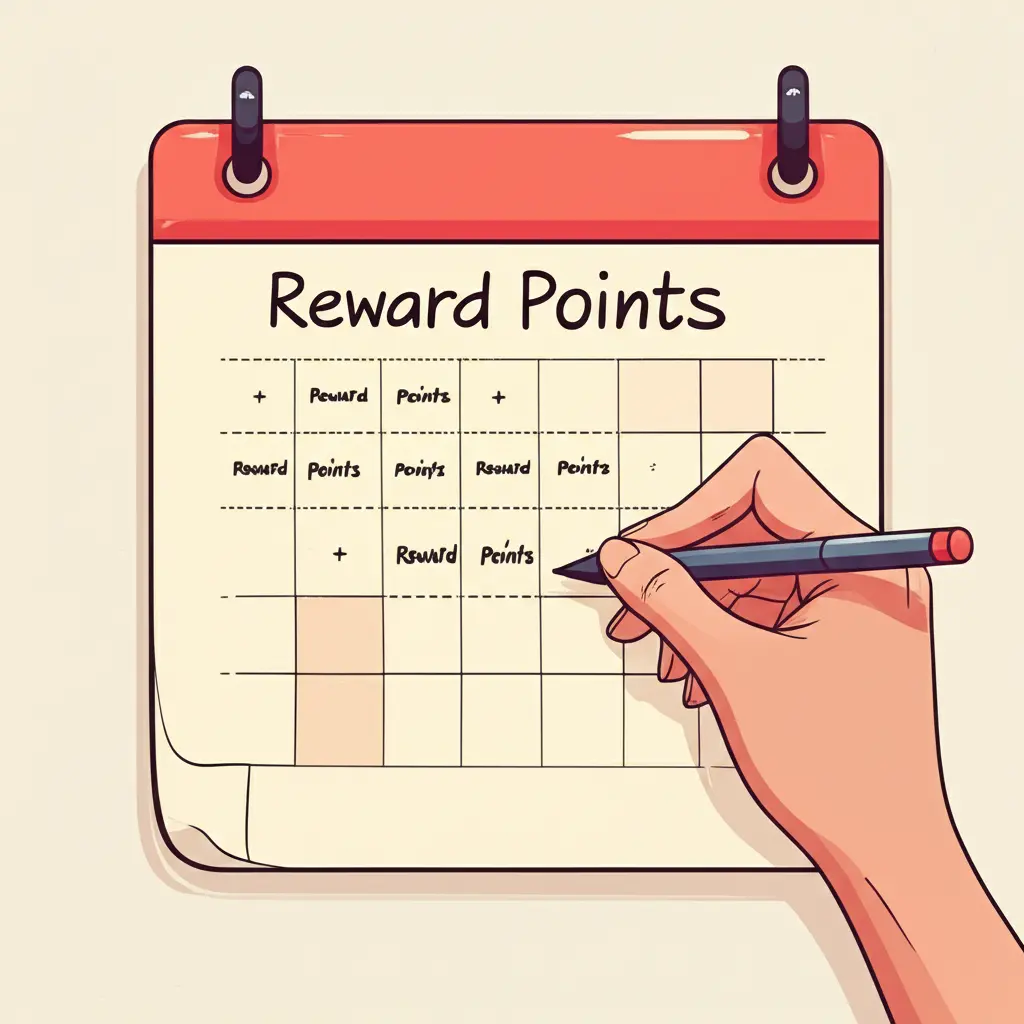 Calendar showing 'Reward Points' being added repeatedly.