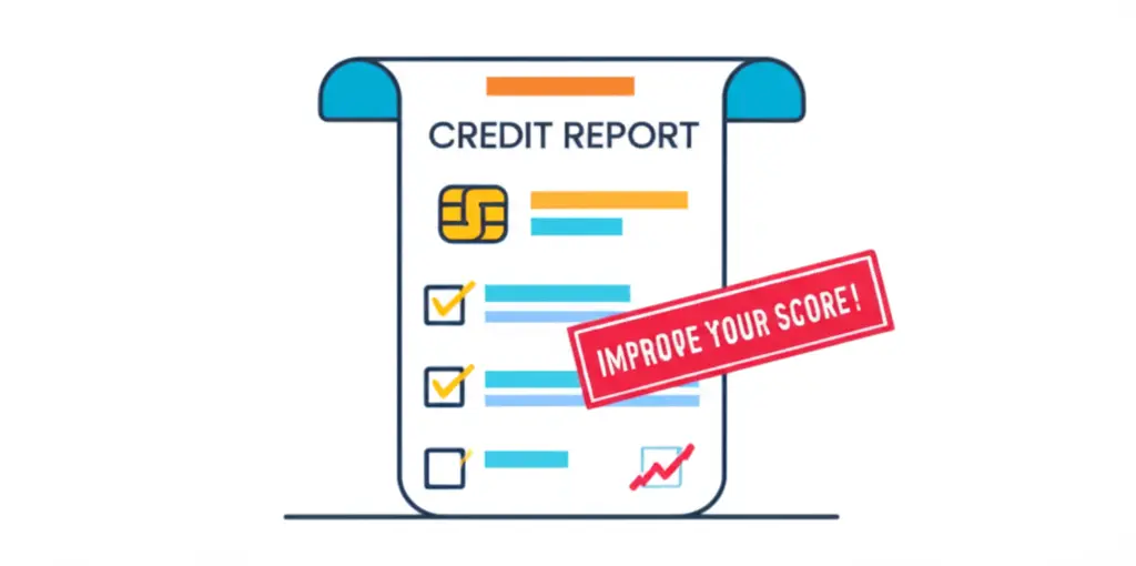 A cartoon-style image of a credit report with 'improve your score!' highlighted.